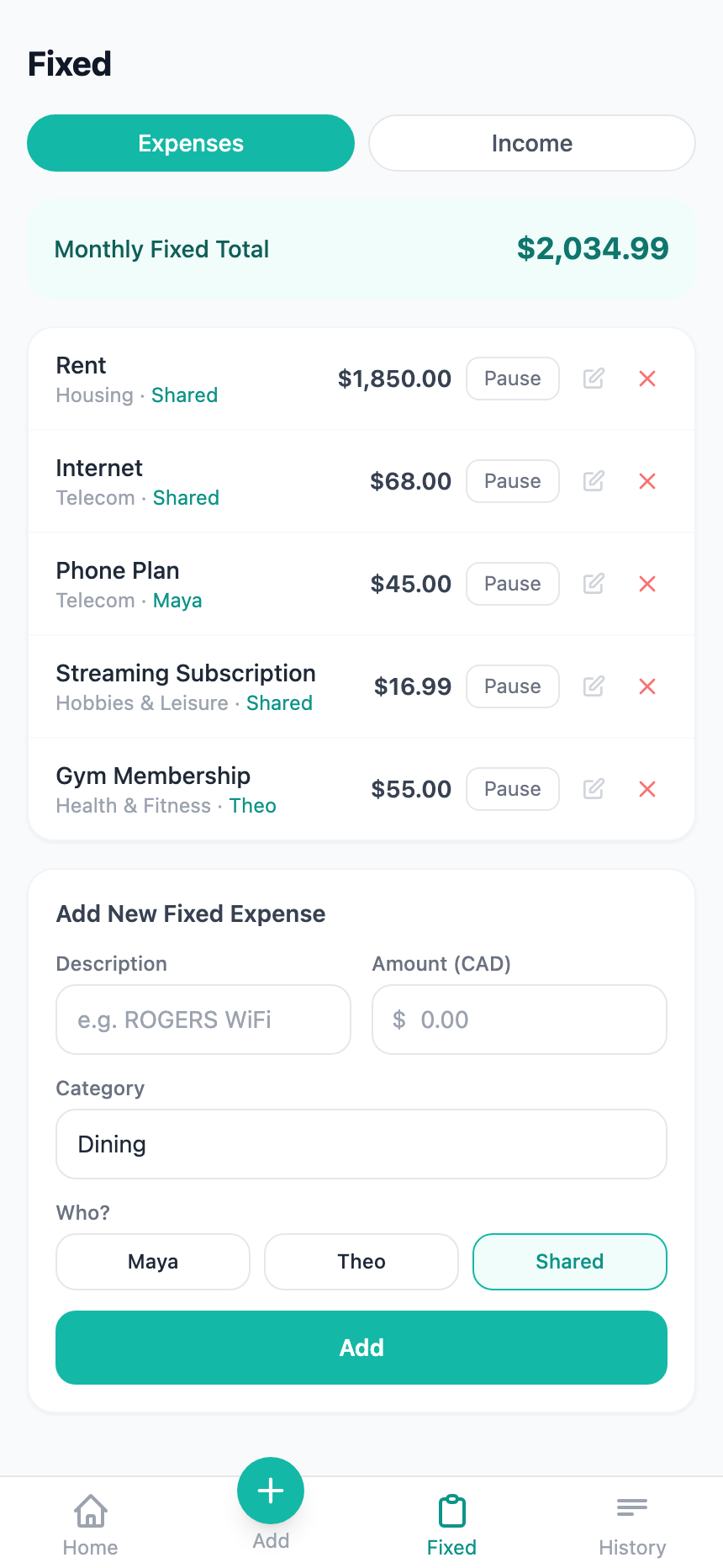 Sovii recurring expenses like rent, internet, and subscriptions