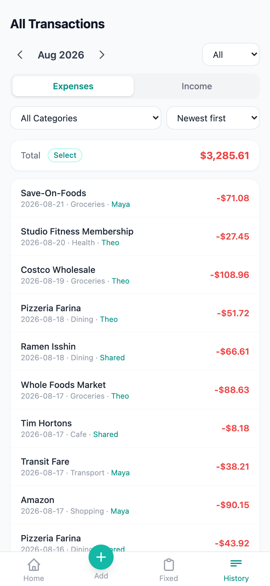 Sovii transaction history filtered by person and category
